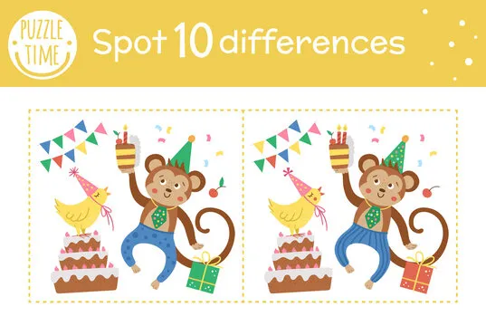 Birthday party find differences game for children. Holiday educational activity with funny jumping monkey with cake. Printable worksheet with smiling characters. Cute celebration puzzle for kids.