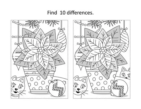 Find 10 differences visual puzzle and coloring page with poinsettia flower in the dotted pot