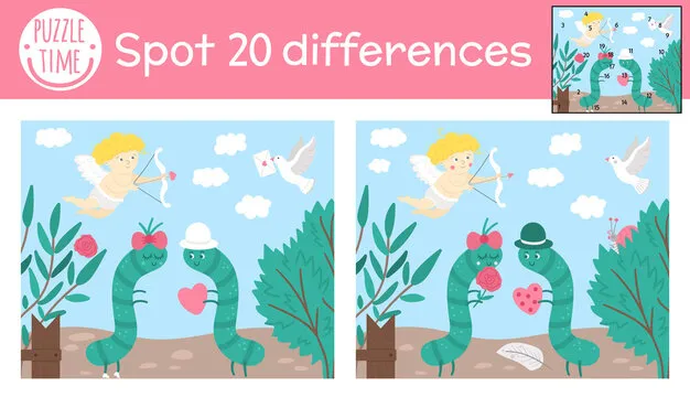 Saint Valentine day find differences game for children. Holiday educational activity with caterpillars in the garden. Printable worksheet with cute characters. Puzzle for kids with love theme.