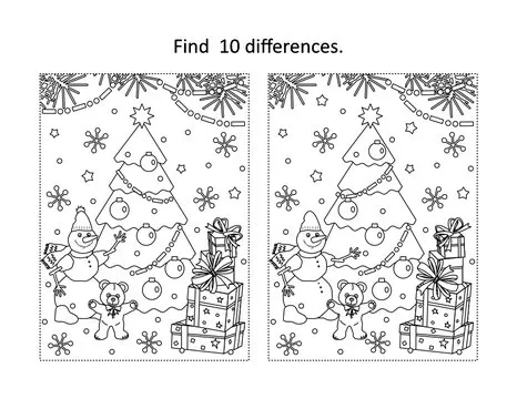 Winter holidays, New Year or Christmas themed find the ten differences picture puzzle and coloring page with christmas tree, teddy bear, snowman, gift boxes
