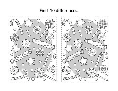 Find 10 differences visual puzzle and coloring page with winter holidays, New Year or Christmas candy and cookies