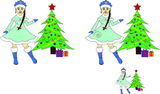 find the differences snow maiden in a blue dress near the decorated Christmas tree