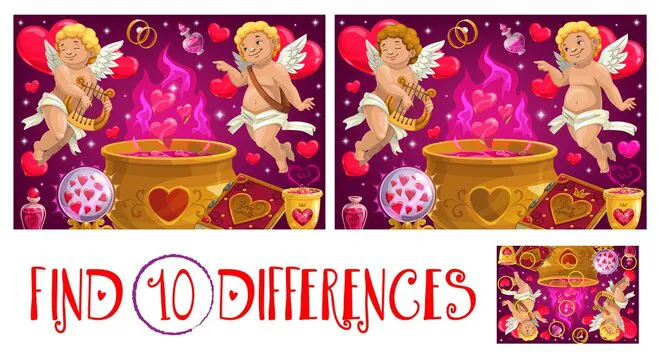 Find ten differences Valentine day logical game for kids with cupids. Child puzzle game, spotting activity. Cherub playing on lyre, love potion in cauldron, spellbook and crystal ball cartoon vector