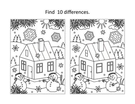 Find 10 differences visual puzzle and coloring page with cabin in winter with two snowmen