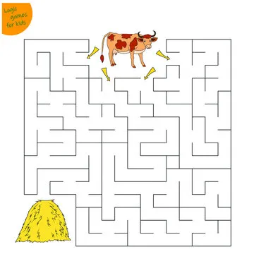 maze for children of agricultural animal, a cow and a haystack. Vector illustration isolated on white background