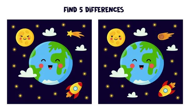 Find 5 differences between pictures. Space themed worksheet for kids.