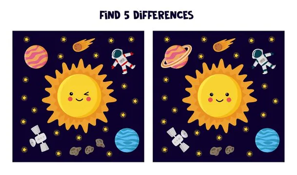 Find five differences between pictures.  Sun and planets illustration.