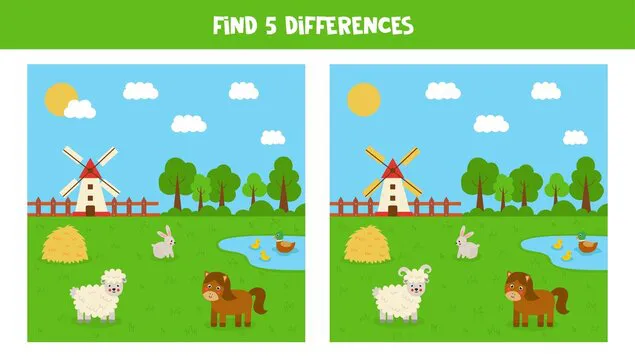 Find 5 differences between farm pictures. Game for kids.