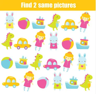 children educational game. Find the same pictures of toys. activity for toddlers and kids
