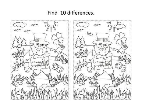 St Patrick's Day find 10 differences visual puzzle and coloring page with happy leprechaun found lucky quatrefoil