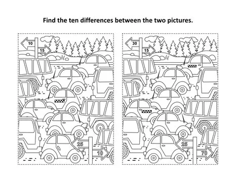 Find the differences visual puzzle and coloring page with retro toy cars and trucks on the road