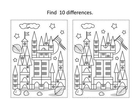 Find 10 differences visual puzzle and coloring page with toy tower building