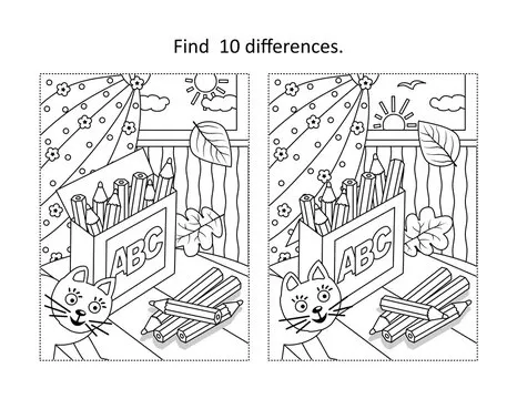 Find 10 differences visual puzzle and coloring page with box of pencils