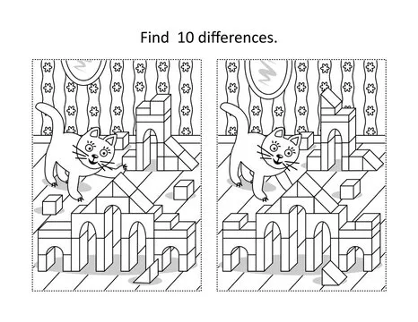 Find 10 differences visual puzzle and coloring page with playful cat and building blocks