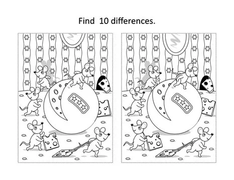 Mice and cheese find the differences picture puzzle and coloring page