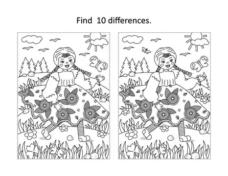 Beautiful girl rag doll find the differences picture puzzle and coloring page