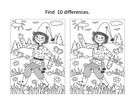 Find 10 differences visual puzzle and coloring page with Petrushka folklore rag doll walking outdoor