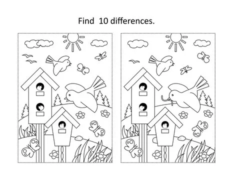 Find 10 differences visual puzzle and coloring page with birdhouses and birds feeding their nestlings