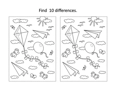 Find 10 differences visual puzzle and coloring page with things that fly in the air - kite, balloon, paper planes, clouds, insects, birds