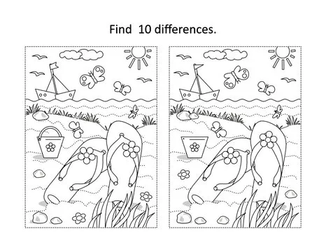 Find 10 differences visual puzzle and coloring page. Summer vacation scene with flip-flops, yacht, toy bucket at the beach.