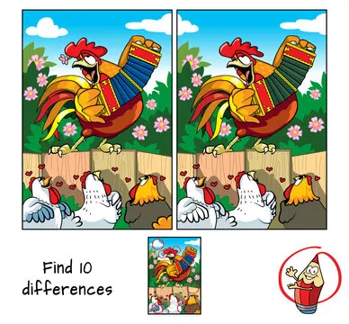 Rooster and hens. Find 10 differences. Educational game for children. Cartoon vector illustration