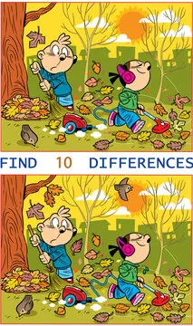 Illustration with a puzzle where you need to find ten differences in the pictures with children removing fallen leaves