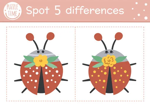 Find differences game for children. Woodland educational activity with funny ladybug. Printable worksheet with cute insect. Spring nature puzzle for kids. Forest preschool sheet.