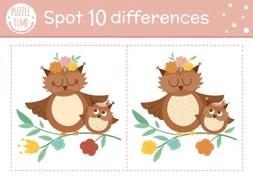 Mothers day find differences game for children. Holiday educational activity with funny baby owl and his mother. Printable worksheet with cute characters. Spring puzzle for kids..