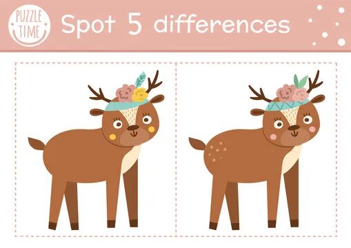 Find differences game for children. Woodland educational activity with funny deer. Printable worksheet with cute animal. Spring nature puzzle for kids. Forest preschool sheet.