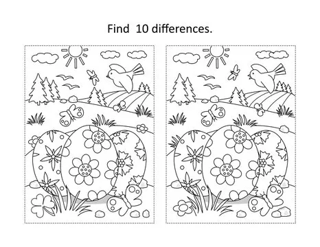 Easter holiday themed find the ten differences picture puzzle and coloring page with 3 painted eggs in rural scene