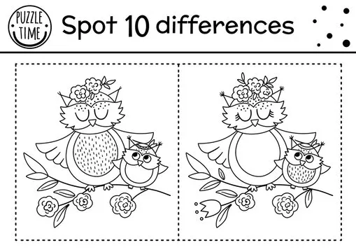 Mothers day find differences game for children with cute birds. Holiday black and white activity and coloring page with baby owl and mother. Spring printable worksheet showing family love. .