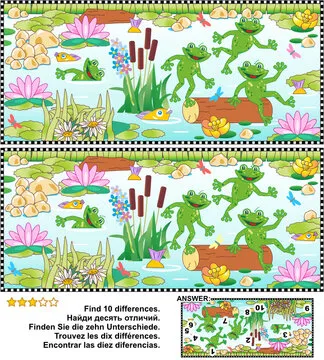 Find the ten differences visual puzzle with playful happy frogs and pond life. Answer included.