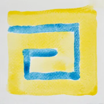 a photo image of abstract blue and yellow watercolor on paper, hand paint of blue and yellow watercolor for background, wet technique on paper to mix difference color