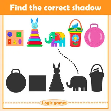 Find the correct shadow, education game for children. Set of kids toys pyramid, puzzle, bucket, ball.