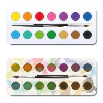New and used watercolor paint box - unused, clean, neat, new - used, spotty, blotchy, soiled, dirty. Before after comparison. Isolated vector illustration on white background.