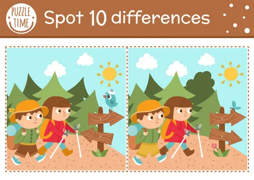 Find differences game for children. Summer camp educational activity with hiking kids, road sign, forest, bird. Printable worksheet with cute camping or forest scenery. Woodland preschool sheet.
