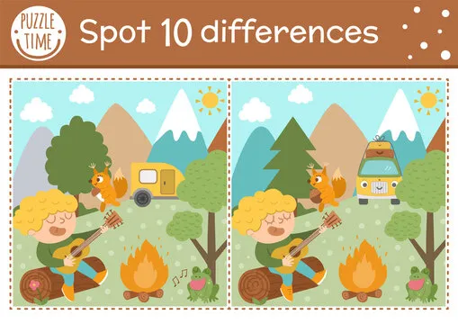Find differences game for children. Summer camp educational activity with kid playing the guitar. Printable worksheet with cute camping or forest scenery. Woodland preschool sheet.