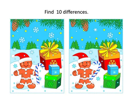 Winter holidays, Christmas or New Year themed find 10 differences visual puzzle with gingerbread man, gift boxes and outdoor night scene