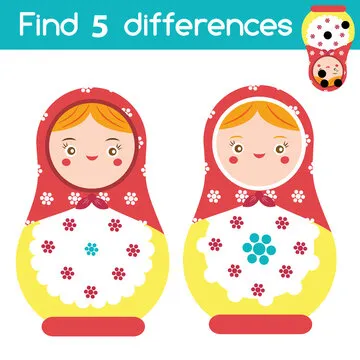 Find the differences educational children game. Kids activity with russian matreshka nesting doll