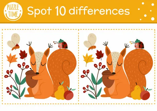 Find differences game for children. Autumn forest educational activity with squirrel and acorn. Printable worksheet with cute animal. Woodland puzzle for kids. Fall preschool sheet.