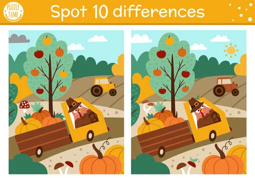 Find differences game for children. Thanksgiving educational activity with farm scene, turkey driving a van with pumpkins. Printable worksheet. Autumn holiday puzzle for kids. Fall preschool sheet.