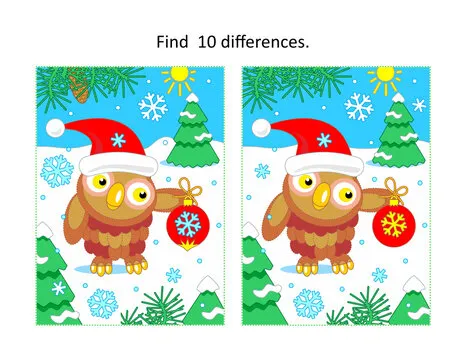 Christmas or New Year find differences picture puzzle with owl wearing santa cap and holding red ornament
