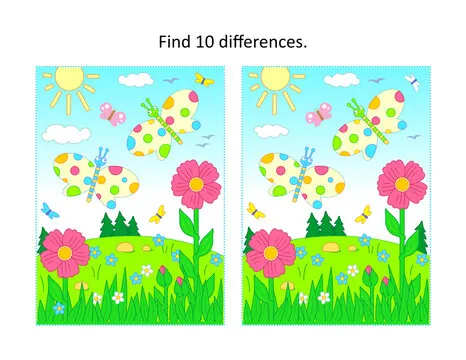 Spring or summer joy. Find ten differences picture puzzle with butterflies, flowers, grass.