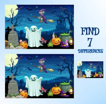 Find difference, Halloween cartoon game or spot puzzle, vector. Kids school or preschool find difference game background with Halloween pumpkin monsters, witch on broom and ghosts on cemetery in night
