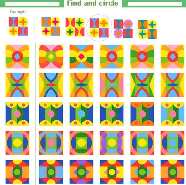 Logic game for children. Find and circle among the pictures on the right the one that matches the sample