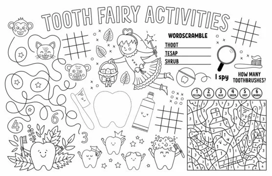 Vector Tooth Fairy placemat for kids. Mouth care printable activity mat with maze, tic tac toe charts, connect the dots, find difference. Black and white dental play mat or coloring page.