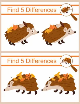 Cartoon hedgehog. Find 5 differences. Educational game for children.