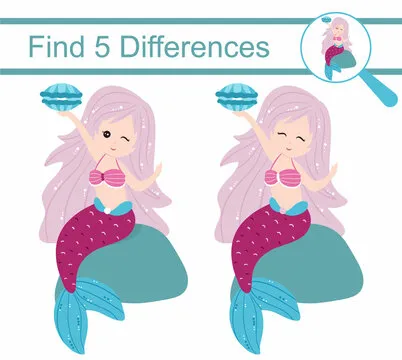 Cartoon mermaids. Find 5 differences. Educational game for children.