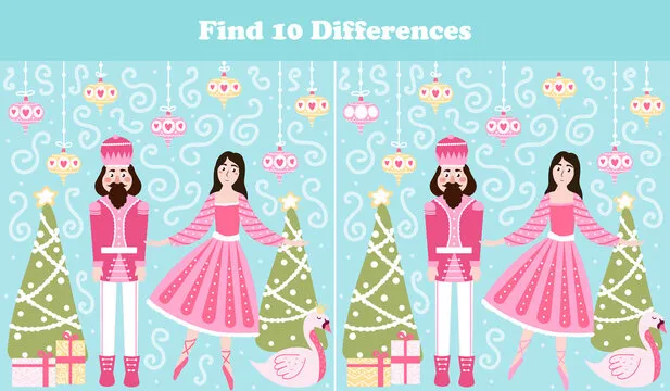 Christmas logical game, find ten differences riddle for children books with nutcracker character and ballerina in cartoon style, xmas eve and gift boxes, search puzzle
