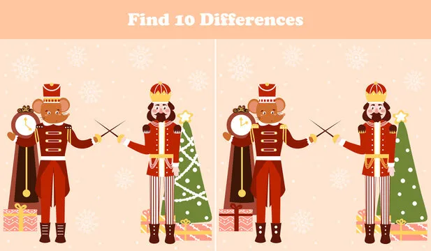 Christmas logical game, find ten differences riddle for children books with nutcracker character and mouse king fighting in cartoon style, xmas eve and gift boxes, search puzzle